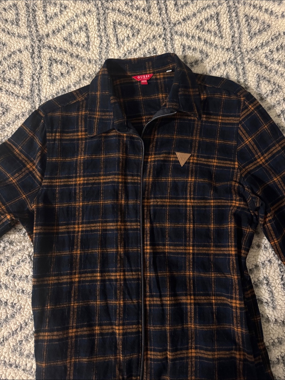 GUESS Navy and Tan Plaid Flannel Shirt
